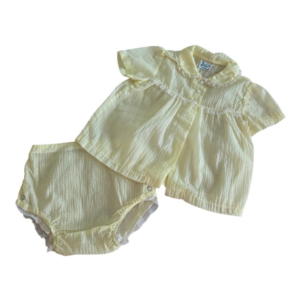 Vintage 70s Jolie of New Orleans 2 Pc Baby Outfit Yellow Seersucker Lace